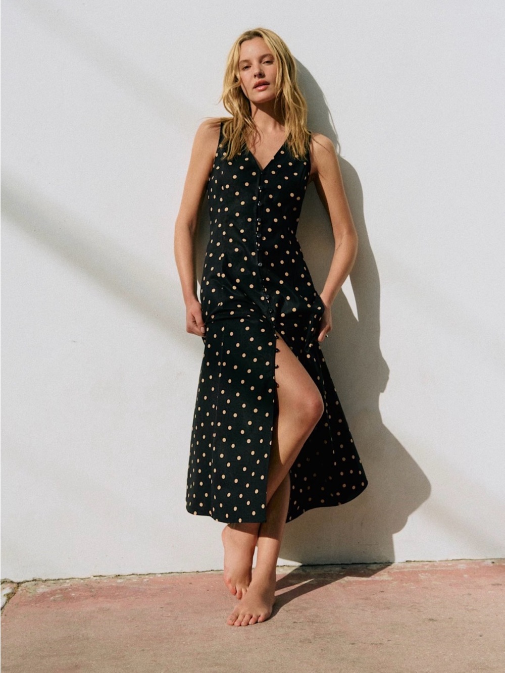 NWT Sezane Fitia dress beige polka dots black background size 40 us 8